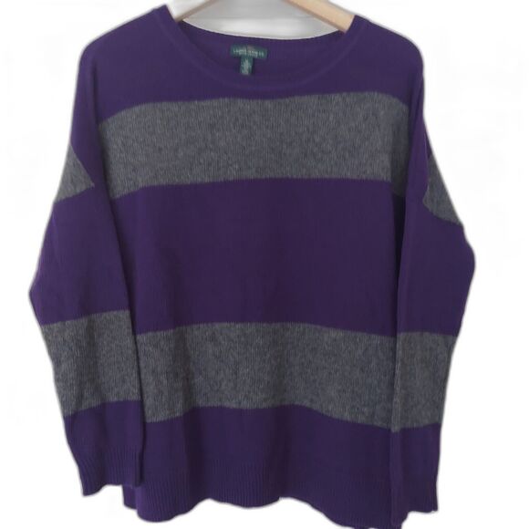LRL Lauren Jeans Co M L Purple Gray Striped Cashmere Blend Sweater - Picture 1 of 10